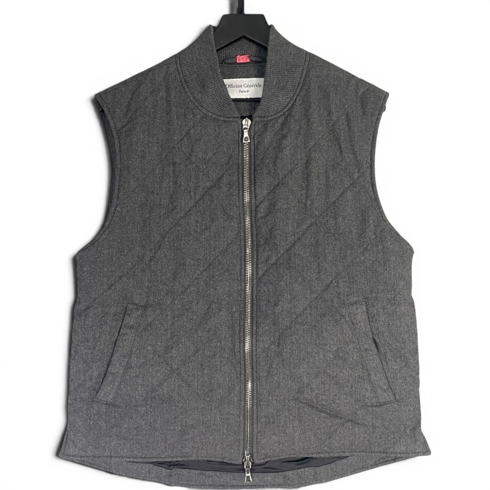 Officine Generale Dave Quilted Virgin Wool Vest Gray Men's L Full Zip